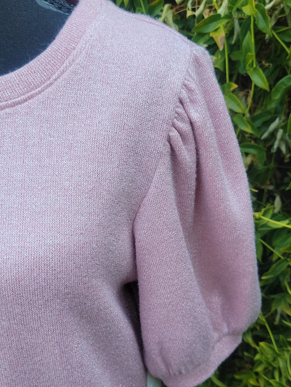 1. State Pink Puff Short Sleeve Sweater Top With Silver Metallic Weave M